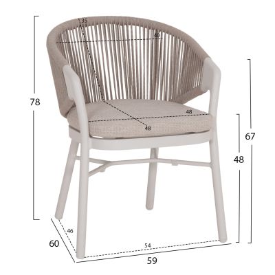 DINING CHAIR XANTION HM6472.02 CREAM WHITE ALUMINUM--ROPE-OLEFIN CUSHION IN LIGHT GREY 59x60x78Hcm.