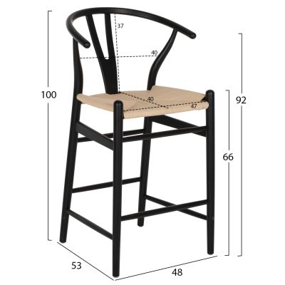 BAR STOOL BRAVE HM9405.02 WITH WISHBONE BACK BEECH WOOD BLACK--WHITE ROPE 48x53x100Hcm.