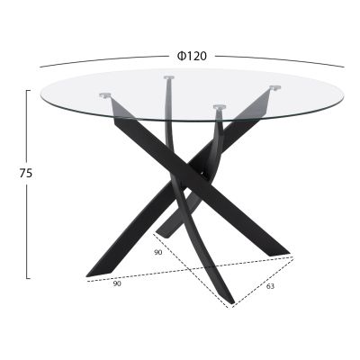 Dining Table Round metallic Black with glass Φ120x75Ηcm. HM8733.01