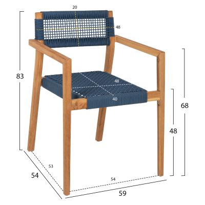 КРЕСЛО CHARLOTTE HM9637.03 ТИКОВО ДЪРВО В ЕСТЕСТВЕНО И СИНЬО ВЪЖЕ 59x54x83Hcm.