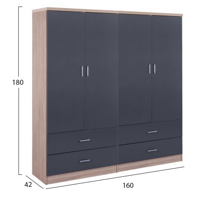 WARDROBE 4-LEAF WITH 4 DRAWERS REINA HM21259 MELAMINE GREY-SONAMA 160x42x180Η
