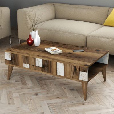 COFFEE TABLE HM9504.03 MELAMINE IN WALNUT-WHITE MARBLE LOOK 105x60x37.6Hcm.