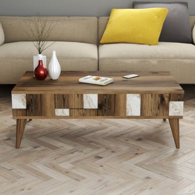 COFFEE TABLE HM9504.03 MELAMINE IN WALNUT-WHITE MARBLE LOOK 105x60x37.6Hcm.