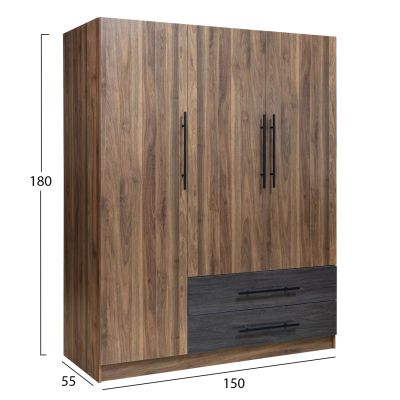 WARDROBE 3-LEAF WITH 2 DRAWERS CARYS HM746.11 MELAMINE IN WALNUT/WENGE 150x55x180Hcm
