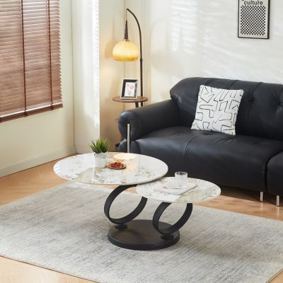 COFFEE TABLE DOUBLE NUBISA HM18364.01 METAL IN BLACK--SINTERED STONE PANDORA Φ80Χ44Hcm.