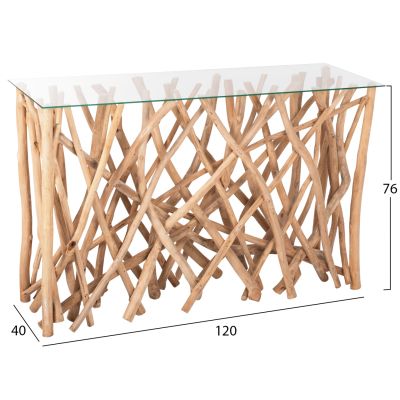 КОНЗОЛА В РУСТИК СТИЛ МАСИВ ТИКОВИ КЛОНИ ЕСТЕСТВЕН ЦВЯТ И СТЪКЛО 120X35X75Hcm.HM9373