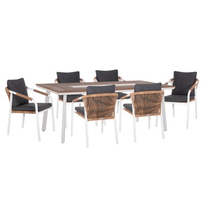 OUTDOOR DINING SET 7PCS MAERLY HM10826.01 ALUMINUM IN WHITE--POLYWOOD--GREY CUSHIONS