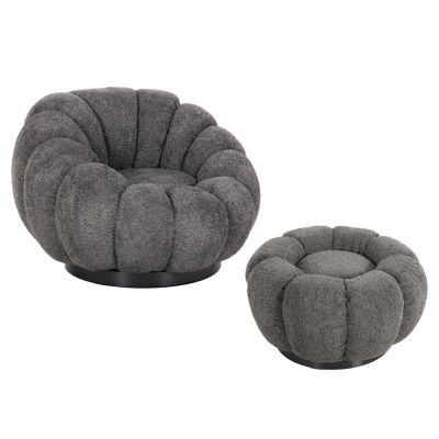 SET SWIVELLING ARMCHAIR WITH ROUND STOOL GRYMM HM10928.01 GREY BOUCLE FABRIC