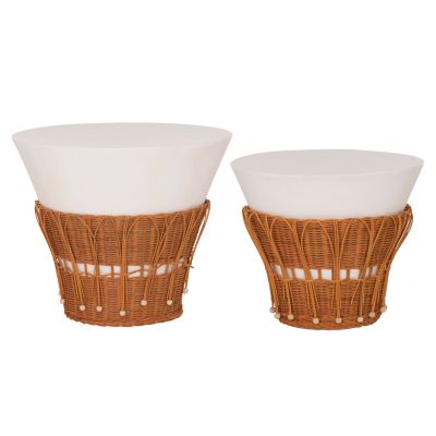 SET 2PCS COFFEE TABLES PERRAL HM21138.02 FIBER CEMENT IN WHITE--NATURAL RATTAN DECOR