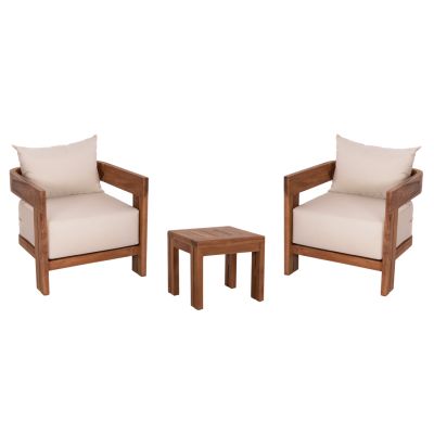 LOUNGE SET KIOTO HM10960 COFFEE TABLE & 2 LOUNGE ARMCHAIRS--TEAK WOOD-BEIGE CUSHIONS