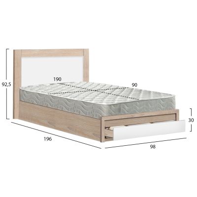 SINGLE BED WITH DRAWER & MATTRESS MELANY HM10745 MELAMINE IN SONAMA/WHITE--FOR 90x190cm.