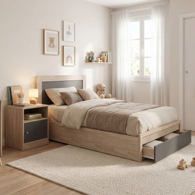 SINGLE BED WITH DRAWER & MATTRESS MELANY HM10745.03 MELAMINE SONAMA/GREY--FOR 90x190cm.