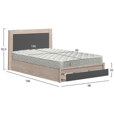 SINGLE BED WITH DRAWER & MATTRESS MELANY HM10745.03 MELAMINE SONAMA/GREY--FOR 90x190cm.