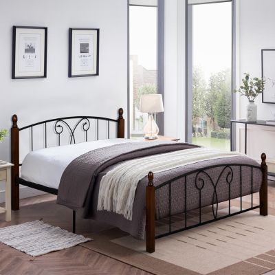 DOUBLE BED WITH MATTRESS SUZIE HM10740 METAL & WOOD IN WALNUT--MATTRESS 150x200cm