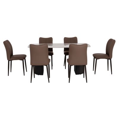 DINING SET 7PCS MINAO HM21362 CERAMIC TOP/MDF LEGS--PU IN COFFEE BROWN/METAL LEGS