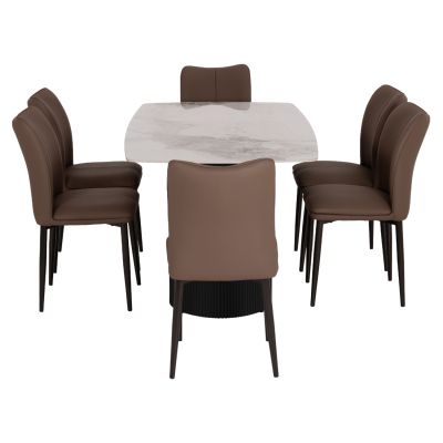 DINING SET 7PCS MINAO HM21362 CERAMIC TOP/MDF LEGS--PU IN COFFEE BROWN/METAL LEGS