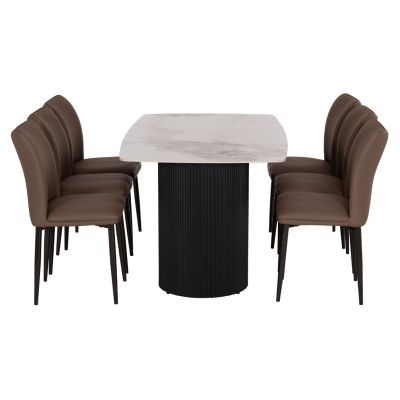 DINING SET 7PCS MINAO HM21362 CERAMIC TOP/MDF LEGS--PU IN COFFEE BROWN/METAL LEGS