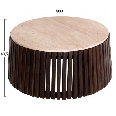 COFFEE TABLE KREST HM9711 ACACIA WOOD IN LIGHT BROWN-WHITE TRAVERTINE Φ90x40Hcm.