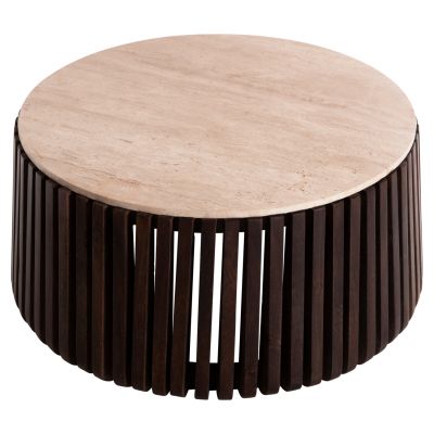 COFFEE TABLE KREST HM9711 ACACIA WOOD IN LIGHT BROWN-WHITE TRAVERTINE Φ90x40Hcm.