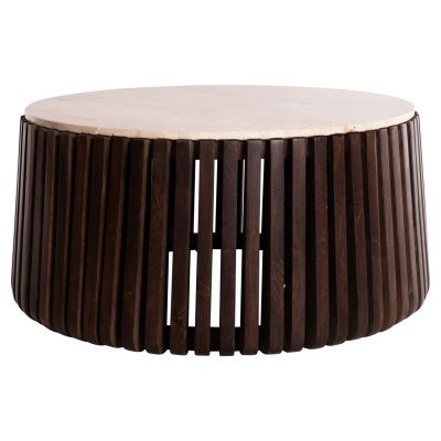 COFFEE TABLE KREST HM9711 ACACIA WOOD IN LIGHT BROWN-WHITE TRAVERTINE Φ90x40Hcm.