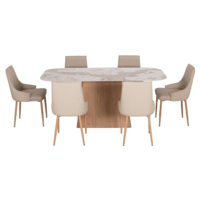 DINING SET 7PCS NORDU HM21359 CERAMIC TOP/MDF LEGS--PU IN CREAM/METAL LEGS