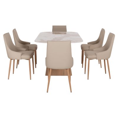 DINING SET 7PCS NORDU HM21359 CERAMIC TOP/MDF LEGS--PU IN CREAM/METAL LEGS