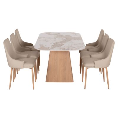 DINING SET 7PCS NORDU HM21359 CERAMIC TOP/MDF LEGS--PU IN CREAM/METAL LEGS