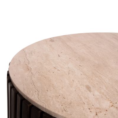 COFFEE TABLE KREST HM9711 ACACIA WOOD IN LIGHT BROWN-WHITE TRAVERTINE Φ90x40Hcm.