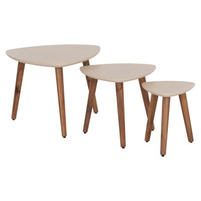 SET 3PCS SIDE TABLES PRANTIS HM10734.02 FIBER CEMENT IN BEIGE--ACACIA WOOD LEGS
