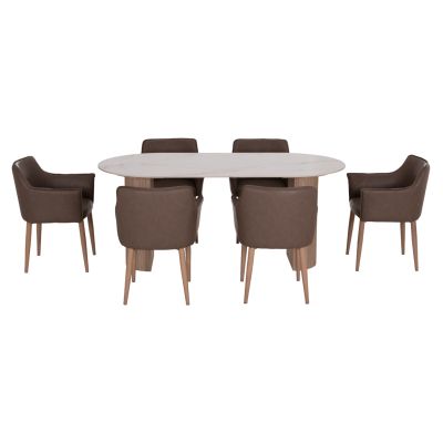 DINING SET 7PCS MELLOW HM21361 CERAMIC TOP/MDF LEGS--PU IN BROWN/METAL LEGS