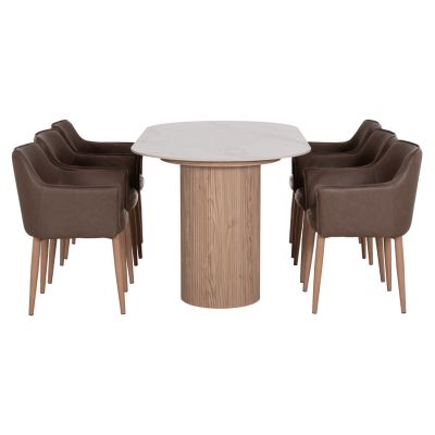 DINING SET 7PCS MELLOW HM21361 CERAMIC TOP/MDF LEGS--PU IN BROWN/METAL LEGS