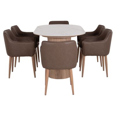 DINING SET 7PCS MELLOW HM21361 CERAMIC TOP/MDF LEGS--PU IN BROWN/METAL LEGS