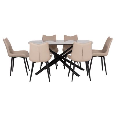 DINING SET 7PCS ISKA HM21363 CERAMIC TOP/METAL LEGS--PU IN BEIGE (TORTORA)/METAL LEGS