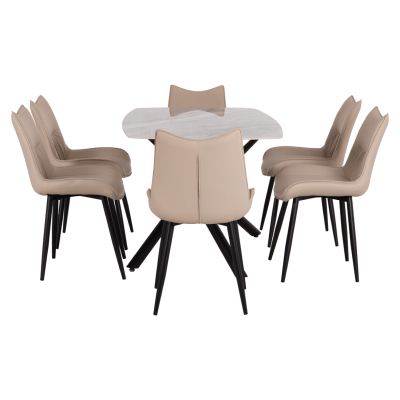 DINING SET 7PCS ISKA HM21363 CERAMIC TOP/METAL LEGS--PU IN BEIGE (TORTORA)/METAL LEGS