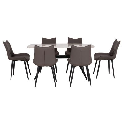 DINING SET 7PCS AIKA HM21364 CERAMIC TOP/METAL LEGS--PU IN GREY/METAL LEGS