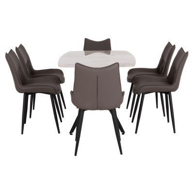 DINING SET 7PCS AIKA HM21364 CERAMIC TOP/METAL LEGS--PU IN GREY/METAL LEGS