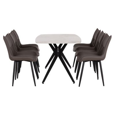 DINING SET 7PCS AIKA HM21364 CERAMIC TOP/METAL LEGS--PU IN GREY/METAL LEGS
