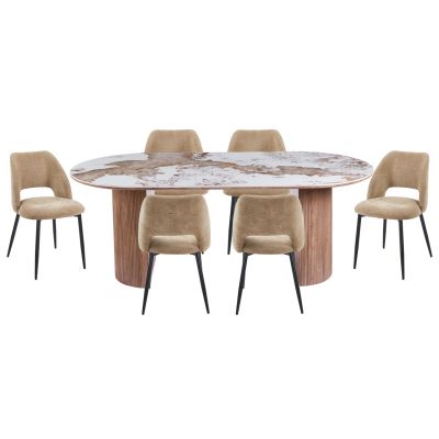 DINING SET 7PCS MARBLEX HM11391 CERAMIC TOP IN PANDORA COLOR SCHEME--CHAIRS WITH TAUPE COLOR FABRIC