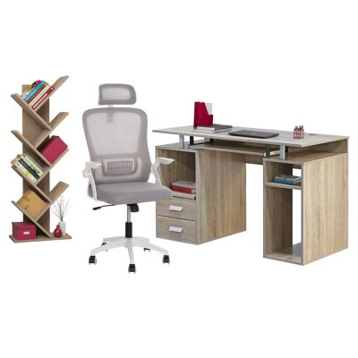 STUDENT PACK 3PCS HM11207 DESK+BOOKCASE+OFFICE CHAIR--SONAMA/WHITE
