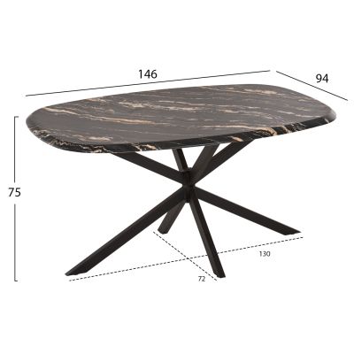 DINING TABLE OVAL RODDEN HM11903.02 WERZALIT TABLETOP IN BLACK/GOLD MARBLE LOOK-BLACK METAL BASE 146x94x75Hcm.