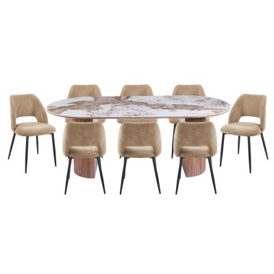 DINING SET 9PCS MARBLEX HM11391 CERAMIC TOP IN PANDORA COLOR SCHEME--CHAIRS WITH TAUPE COLOR FABRIC