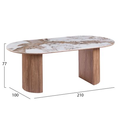 DINING SET 9PCS MARBLEX HM11391 CERAMIC TOP IN PANDORA COLOR SCHEME--CHAIRS WITH TAUPE COLOR FABRIC