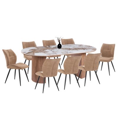 DINING SET 9PCS MARBLEX HM11394.03 CERAMIC TOP IN PANDORA COLOR SCHEME--CHAIRS WITH TAUPE COLOR FABRIC