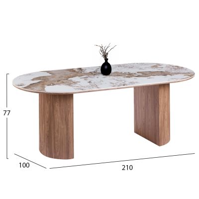 DINING SET 9PCS MARBLEX HM11394.03 CERAMIC TOP IN PANDORA COLOR SCHEME--CHAIRS WITH TAUPE COLOR FABRIC