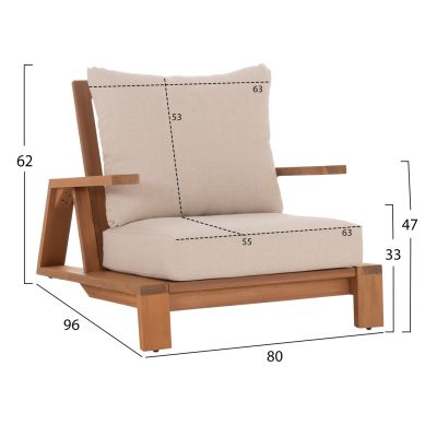 LOUNGE SET MIREX HM10893 COFFEE TABLE & 2 LOUNGE ARMCHAIRS--ACACIA WOOD-ECRU CUSHIONS