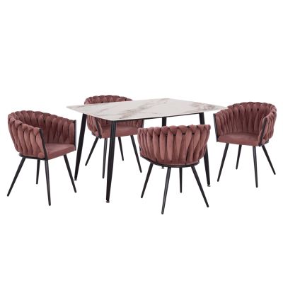 DINING SET 5PCS RAVEN HM12116.02 CERAMIC TOP WHITE/BROWN MARBLE--DUSTY PINK VELVET