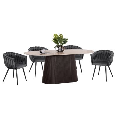 DINING SET 5PCS CATER HM12118.01 OVAL CERAMIC TOP--GREY VELVET
