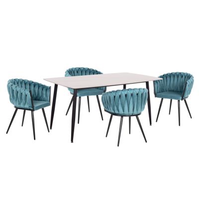 DINING SET 5PCS RAVEN HM12121.01 CERAMIC TOP WHITE MARBLE--TURQUOISE VELVET