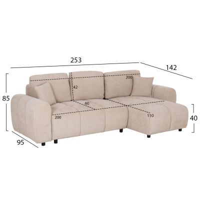 CORNER SOFABED REVERSIBLE GERT-BEIGE CHENILLE FABRIC 252x146x87Hcm.