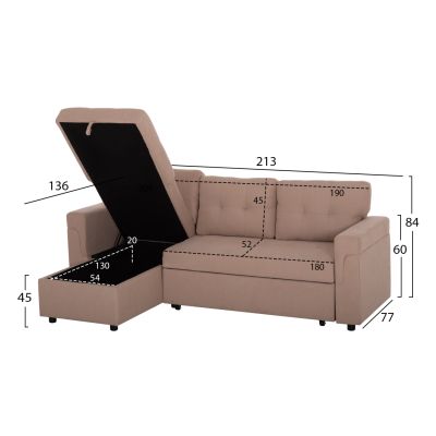 CORNER SOFA-BED REVERSIBLE SAL HM3310.03 BEIGE FABRIC 213x136x84Hcm